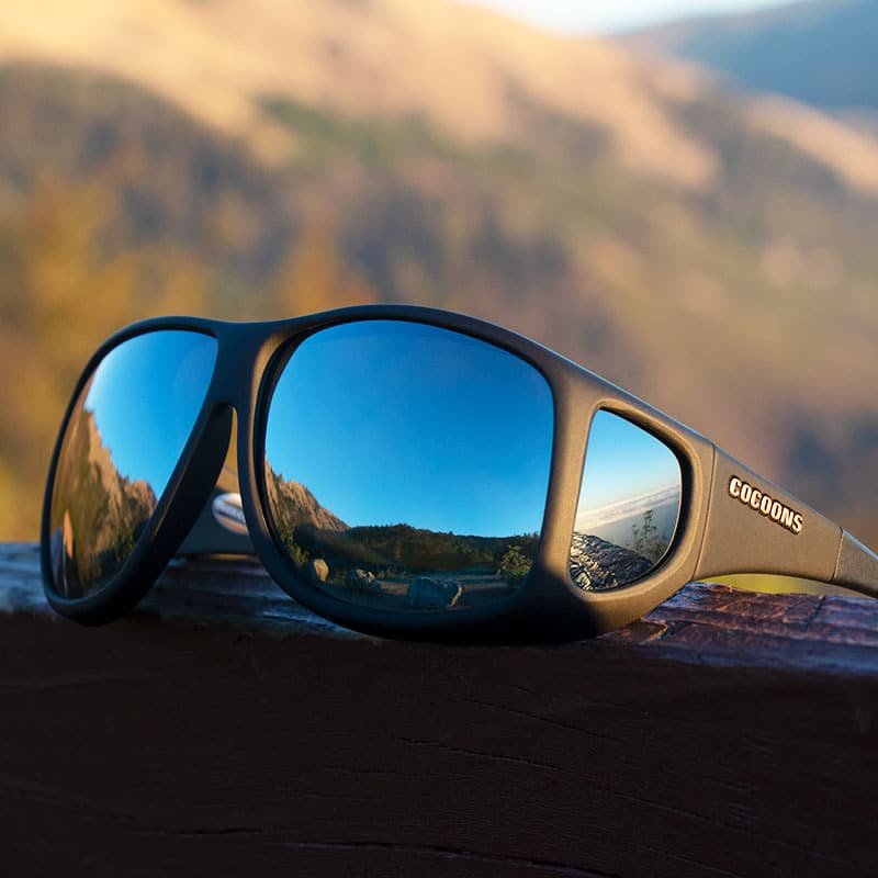 Flip Up Polarized Fit-Over Sunglasses – Blue Mirror Lens, Shiny Black Frame, Fits Over RX Glasses